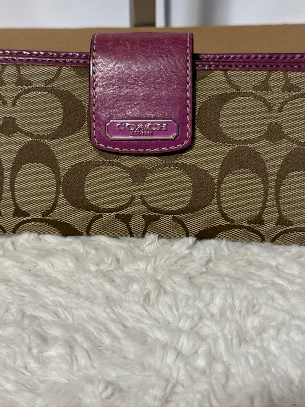 Coach Brown Signature Canvas Wallet with Pink Trim